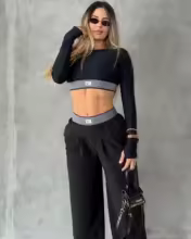 2025 Autumn/Winter New Women's Fashion Tight Long Sleeve Top, High Waist Loose Casual Wide Leg Pants Set