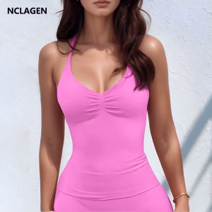 NCLAGEN Gym Longline Strappy Top Women Seamless Yoga Tank With Removable Pads V Neck Workout Clothes Sports Running Fitness Vest