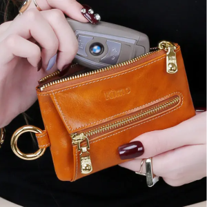 Genuine Leather Zipper Multifunction Coin Purse Car Keychain Key Holder For Women