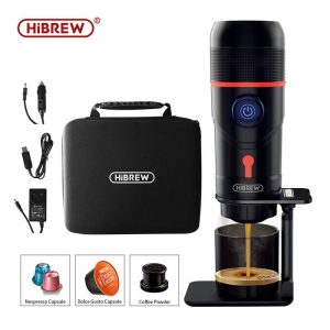 HiBREW H4 Tragbarer 3-in-1-Multifunktions-Elektro-Espressokocher für Fahrzeuge, Reisen, Zuhause, Büro, kompatibel mit Nespresso, Dolce Gusto, gemahlen