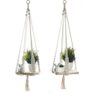 Indoor Decorative Wall Hanging Beige Cotton Rope Pine Board Planter Hanging Net Hanging Rope Suspender Plant Planter Mesh Pocket