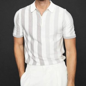 Mens Casual Stitching Striped Printed Polo Shirt