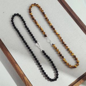 Black agate beaded tiger's eye stone vintage choker collarbone chain