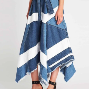 UR Fashion Knot Waist Irregular Hem Patchwork Denim Skirt
