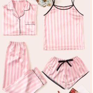 Pajamas female summer new ice silk sexy pajamas set vertical stripes short-sleeved shorts four sets of homewear