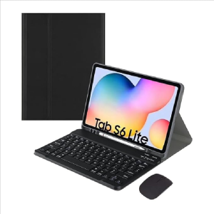 Faux Leather Case with Bluetooth Keyboard and Mouse for Galaxy Tab S6 Lite (Black)