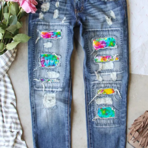 Distressed Tie Dye Jeans with Ripped Styling