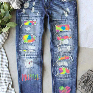 Colorful Distressed Denim Pants for a Relaxed and Trendy Look