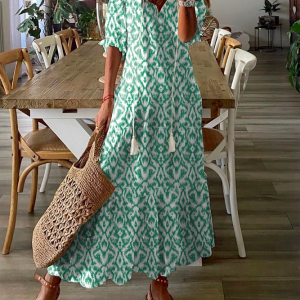 Floral V Neck Women's Maxi Dress with Half Sleeves