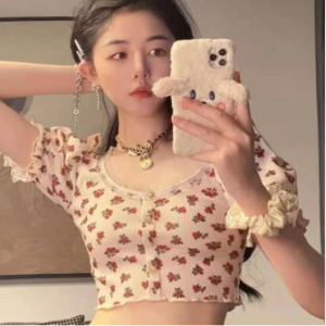 American Retro Floral Waffle Short T-shirt with Trendy Collar