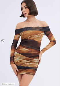Brown Abstract Mini Dress Bardot Off Shoulder Bodycon Ruched