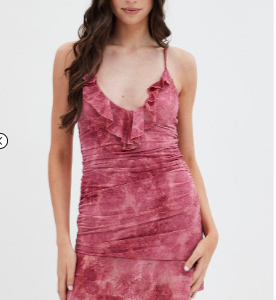 Pink Paisley Mesh Mini Dress V Ruffle Neck Burnt Out Paisley