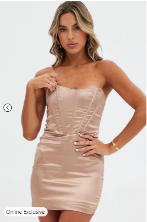 Beige Mini Dress Strapless Corset Detail Satin