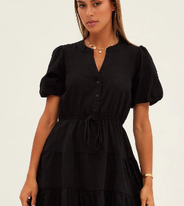 Black Shirt Dress Short Sleeve V-Neck Tiered