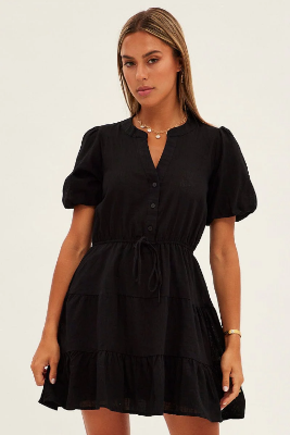 Black Shirt Dress Short Sleeve V-Neck Tiered