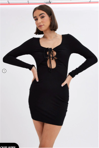Black Dress Long Sleeve Cut Out Details Bodycon Rib