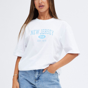 Oversized New Jersey Crew Neck White Short Sleeve T-Shirt