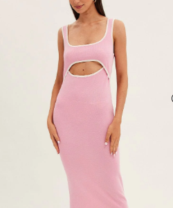 Pink Knit Dress Midi Sleeveless Contrast Binding