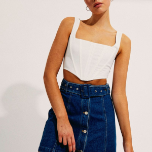 Blue Mini Skirt High Waisted Belted Button Front Denim