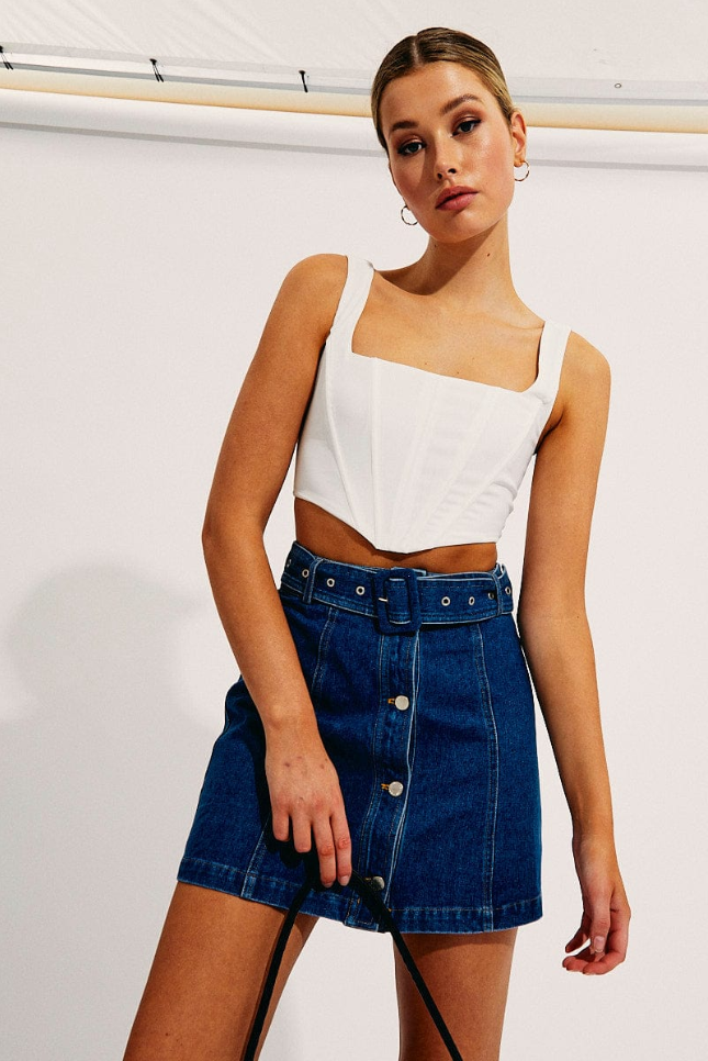Blue Mini Skirt High Waisted Belted Button Front Denim