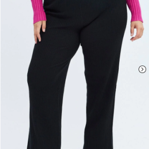 Black Knit Pants Rib Wide Leg Elastic Waist Full Length