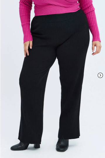 Black Knit Pants Rib Wide Leg Elastic Waist Full Length