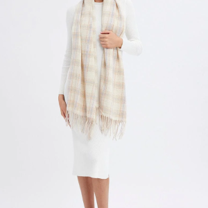 Online Exclusive White Check Tassel Scarf