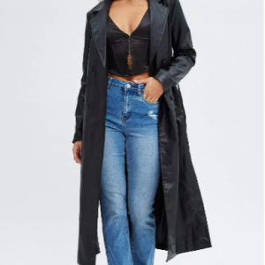 Long-Sleeved Faux Leather Black Trench Coat