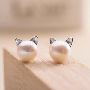 Stud Earrings Creative Simple Craft Cute Animal 925 Sterling Silver Pin Jewelry Small Cat Pierced Pearl Female Women Dainty