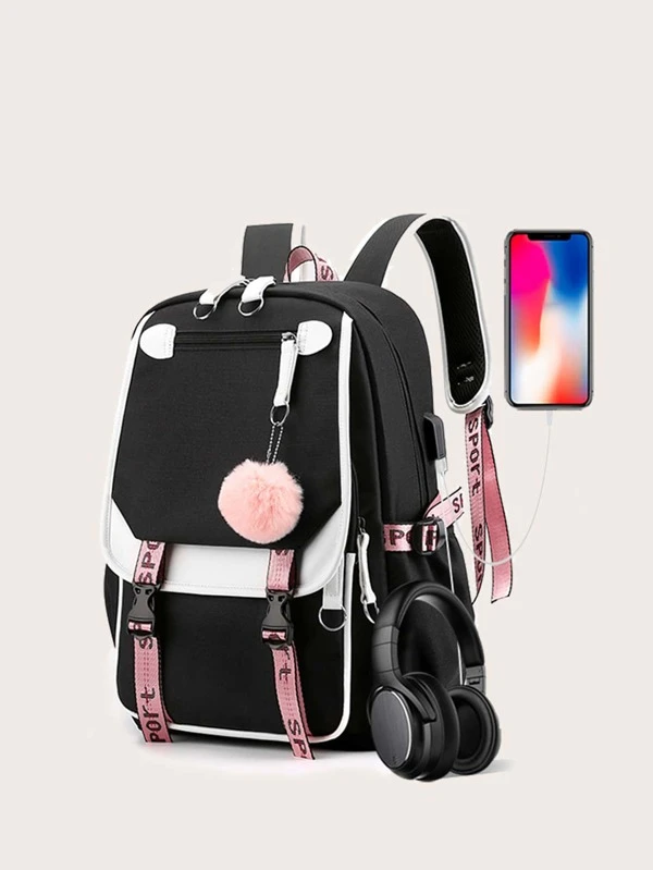 Fashionable Black and Pink Canvas USB School Bag for Girls
