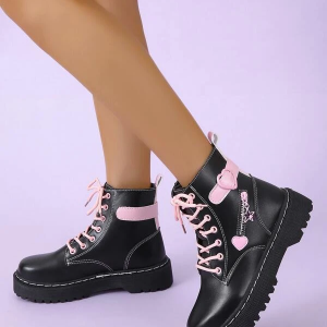 Combat Boots with Star and Heart Decor and Lace-up Front