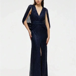 Sequin Formal Dress with Split Thigh and Cloak Sleeve