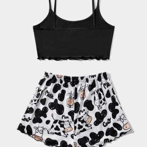 Cute Cow Print Cami PJ Set with Lettuce Trim