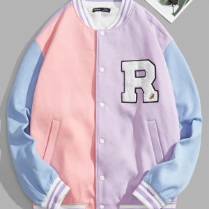 Colorblock Letter Patched Varsity Jacket for Men with Striped Trim
