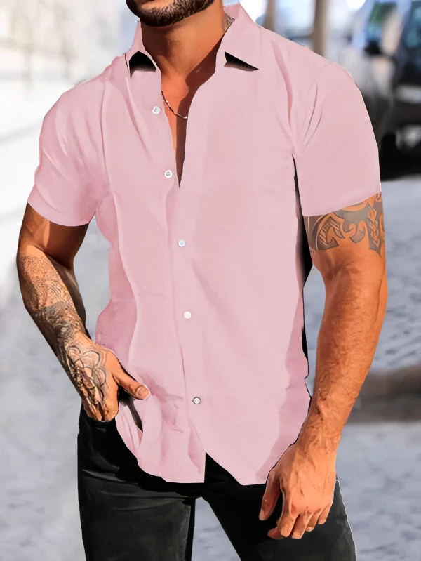 Solid Pink Button Up Shirt for Men