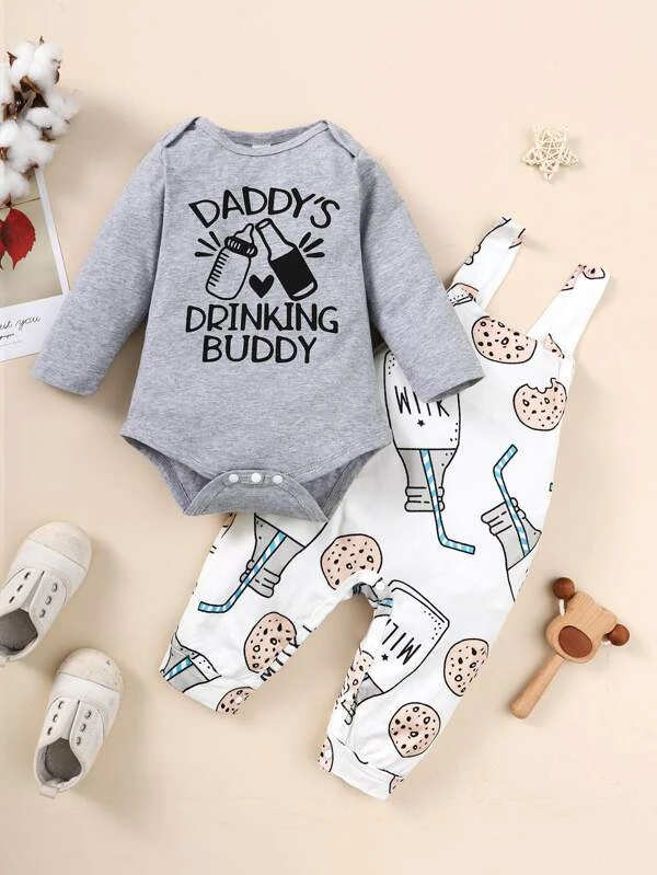 Baby Slogan Graphic Bodysuit & Cartoon Graphic Overall Jumpsuit