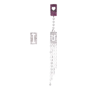 Heart-shaped Silver Earrings with Diamond Accents and Long Tassels