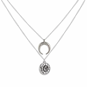 Silver Multilayer Vintage Sun Moon Pendant Necklace for Women