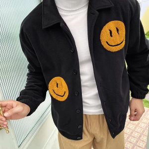 Mens' Stylish Fleece Jacket with Patterned Button-Up Design