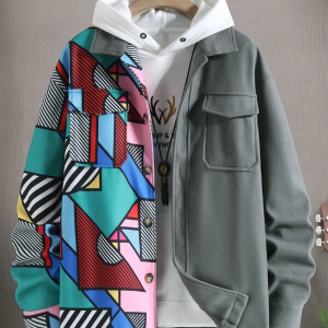 1-Piece Men's Patchwork Print Overcoat with Pocket, No Hood