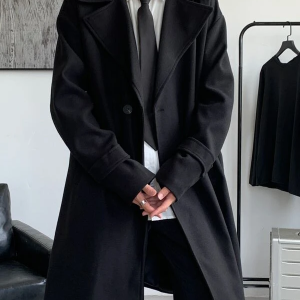 Men Lapel Collar Drop Shoulder Belted Overcoat