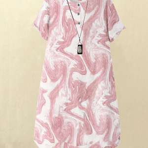 Buttoned Short Sleeve Midi Dress with Leisure Wave Pattern Print