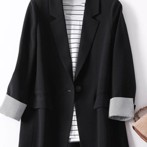 Lapel Blazer with Button Front and Stripe Panel