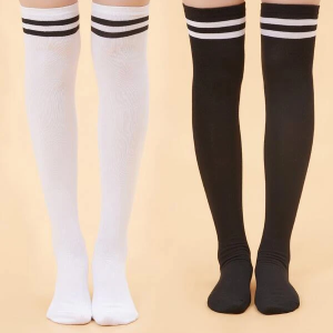 2pairs Striped Over The Knee Black & White Socks