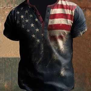Men'sAmerican Flag Henley Collar T-Shirt