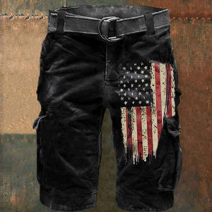 Men's Vintage American Flag Print Casual Cargo Shorts