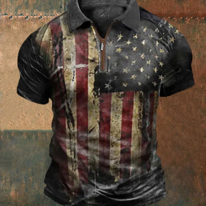 Men's Vintage American Flag Print Zip Lapel T-Shirt