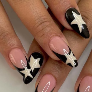 Transform Your Nails with 24pcs Medium Almond Black French Star Pattern Fake Nail & 1sheet Tape & 1pc Nail File