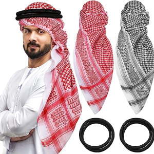 Funtery 4 Pcs Arab Head Scarf for Men with Lgal Aqel Rope Middle East Desert Shemagh Wrap Arab Costume