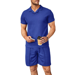 Summer waffle V-neck polo lapel shirt short-sleeved shorts men's sports casual fashion suit